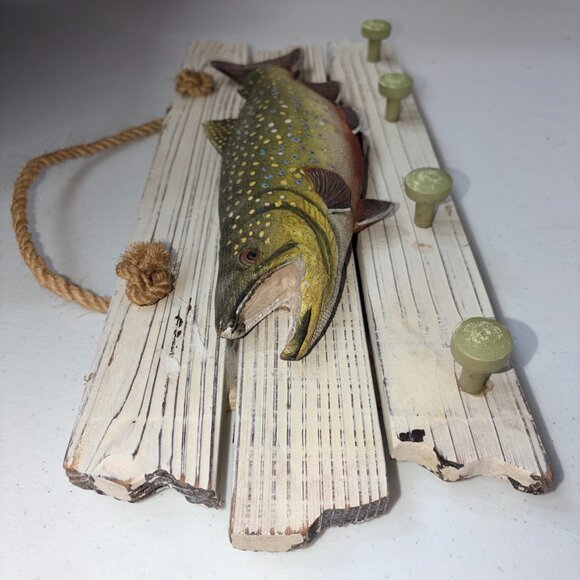 Brook Trout Resin Wall Art 4 Hooks Hanging Rack Realistic 2D Cabin Lodge Western - Picture 6 of 11